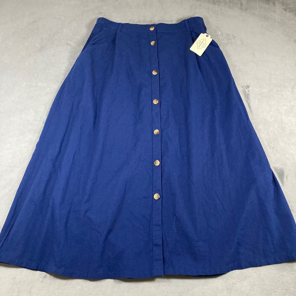 St Johns Bay Womens Blue Cotton Linen Button Front maxi Skirt American Navy L